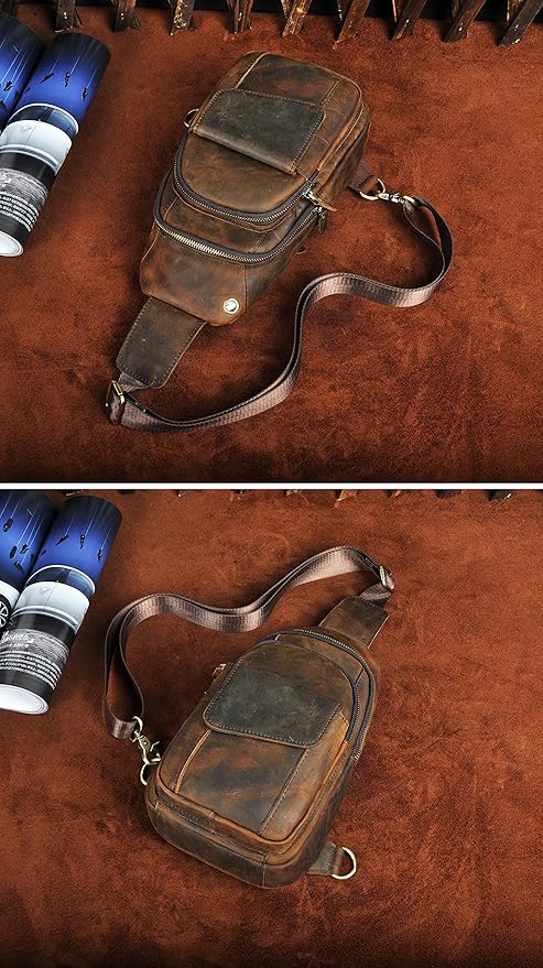 Le'aokuu Men Outdoor Casual Travel Hiking Tea Crossbody Chest Sling Bag Rig One Shoulder Strap Bag Backpack Men Leather