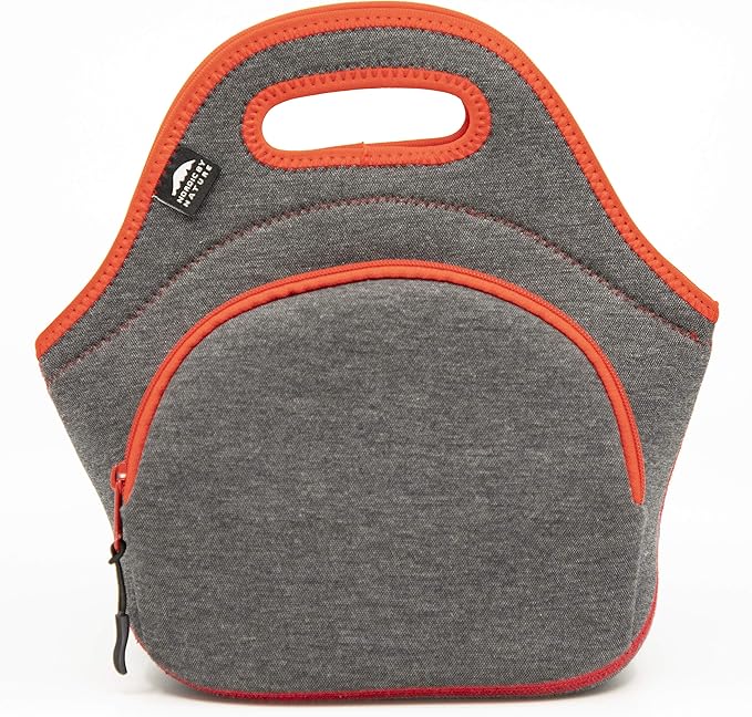 Nordic By Nature Insulated Neoprene Lunch Bag, Soft & Foldable Washable & Reusable Extra-Pocket (M) Dark Grey/Red