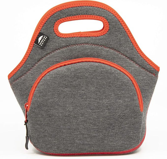 Nordic By Nature Insulated Neoprene Lunch Bag, Soft & Foldable Washable & Reusable Extra-Pocket (M) Dark Grey/Red