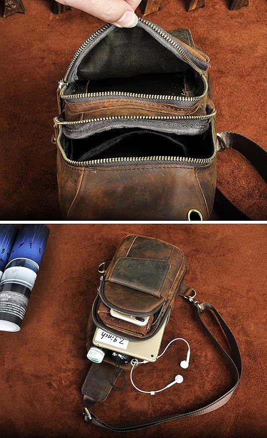 Le'aokuu Men Outdoor Casual Travel Hiking Tea Crossbody Chest Sling Bag Rig One Shoulder Strap Bag Backpack Men Leather